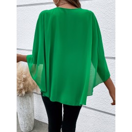 Solid Layered Cloak Sleeve Blouse, Versatile Crew Neck Blouse For Spring & Fall, Women's Clothing