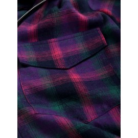 Plaid Print Zip Front Polo Collar Blouse, Casual Pocket Long Sleeve Blouse For Spring & Fall, Women's Clothing