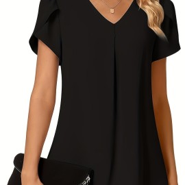 Solid V-neck Petal Sleeve Blouse, Versatile Simple Blouse For Spring & Summer, Women's Clothing