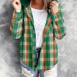 Plaid Print Hooded Shirt, Casual Long Sleeve Drawstring Shirt, Women's Clothing