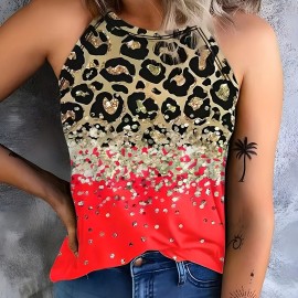 Leopard Print Halter Tank Top, Casual Sleeveless Tank Top For Summer, Women's Clothing