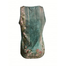 Floral Print Tank Top, Vintage Summer Notched Neck Sleeveless Top, Women's Clothing