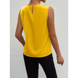 Solid Pleated Simple Tank Top, Elegant Sleeveless Tank Top For Summer, Women's Clothing