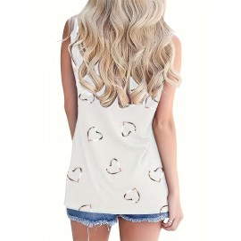 Heart Print V Neck Tank Top, Casual Sleeveless Tank Top For Summer, Women's Clothing