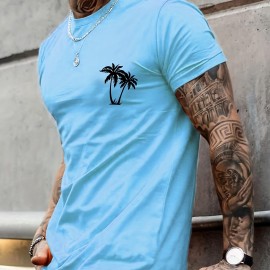 Sketch Style Palm Tree Pattern Top Casual Mid Stretch Short Sleeve Crew Neck Graphic T-shirt, Men's Tee For Summer Outdoor