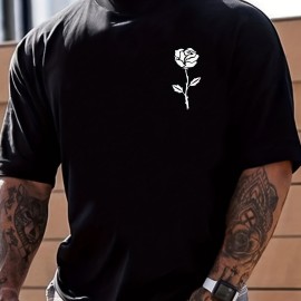 Rose Print, Men's Graphic Design Crew Neck Active T-shirt, Casual Comfy Tees Tshirts For Summer, Men's Clothing Tops For Daily Gym Workout Running