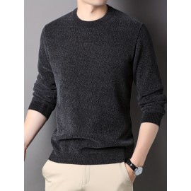 Men's Stylish Solid Knitted Pullover, Casual High Stretch Breathable Long Sleeve Crew Neck Top For City Walk Street Hanging Outdoor Activities
