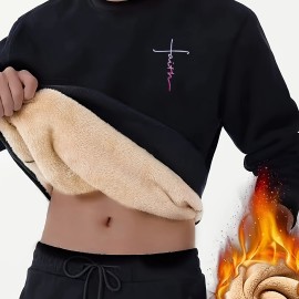 Cross Print Men's Crew Neck Sweatshirt Pullover For Men Fleece Sherpa Lined Sweatshirts For Winter Fall Long Sleeve Tops