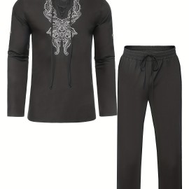 Cotton Boho Style Pattern Embroidery Men's 2 Pieces Outfits, Long Sleeve Lace Up Shirt And Drawstring Solid Trousers Set