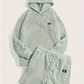 Men's Fluffy 2Pcs Outfits, Casual Hoodies Long Sleeve Pullover Hooded Sweatshirt Snuddie And Sweatpants Shorts Set For Spring Fall, Men's Clothing
