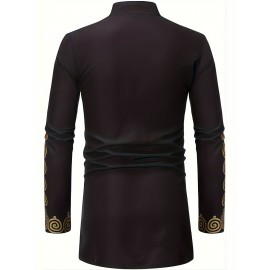Men's Traditional Long Sleeve Casual African Lightweight Long Shirt, Cheongsam Collar Style