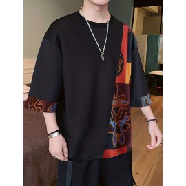 Men's Loose Vintage Ethnic Pattern Floral Printed Crew Neck T-shirt Casual Tee 3/4 Sleeve Summer Beach Tops Chinese Vintage Streetwear