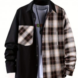 Plaid Pattern Men's Casual Thin Long Sleeve Color Block Button Up Shirt With Chest Pocket, Male Clothes For Summer Spring And Fall
