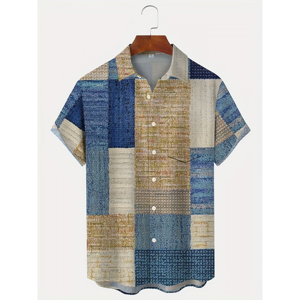 Retro Carpet Texture Geometric Pattern Men's Casual Short Sleeve Lapel Shirt, Summer Outdoor