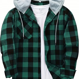 Plaid Pattern Men's Long Sleeve Hooded Shirt Jacket With Chest Pocket, Men's Casual Fall Winter Outwear