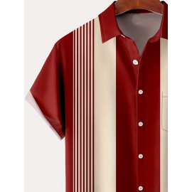 Vintage Style Geometric Print Men's Casual Short Sleeve Shirt With Chest Pocket, Men's Shirt For Summer Vacation Resort, Tops For Men, Gift For Men