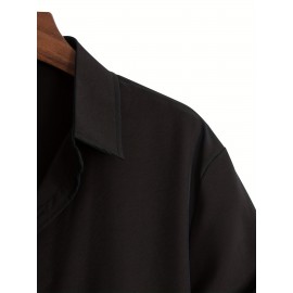 Men's Casual Lapel Solid Basic Tee Shirt, Button Short Sleeve Loose Work Business Shirt For Summer